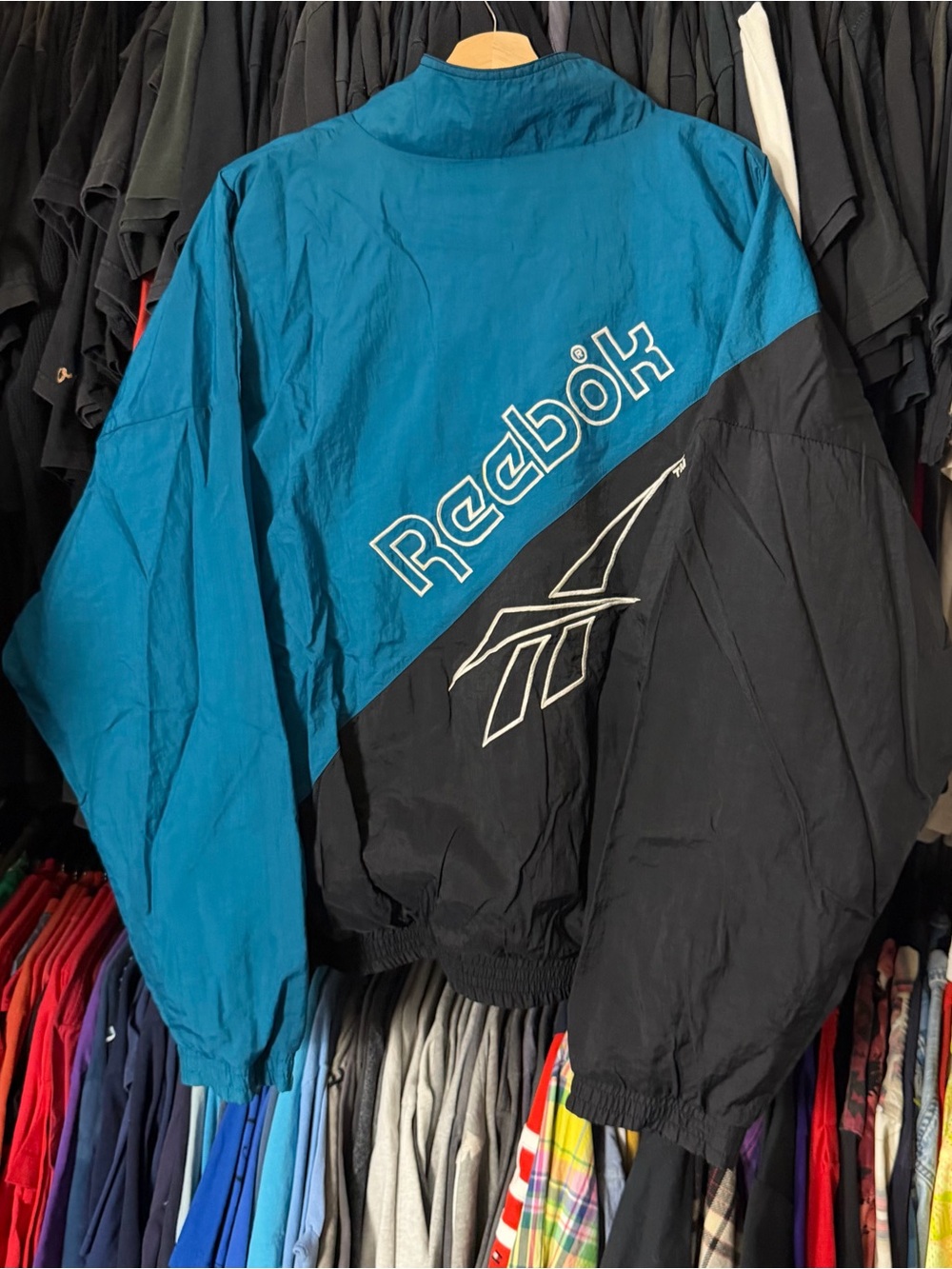 Vintage Reebok Windbreaker Jacket Men’s XL Blue Black Streetwear Embroidered 90s